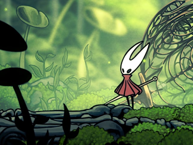 An image of Hornet from Hollow Knight: Silksong standing amidst a verdant landscape.