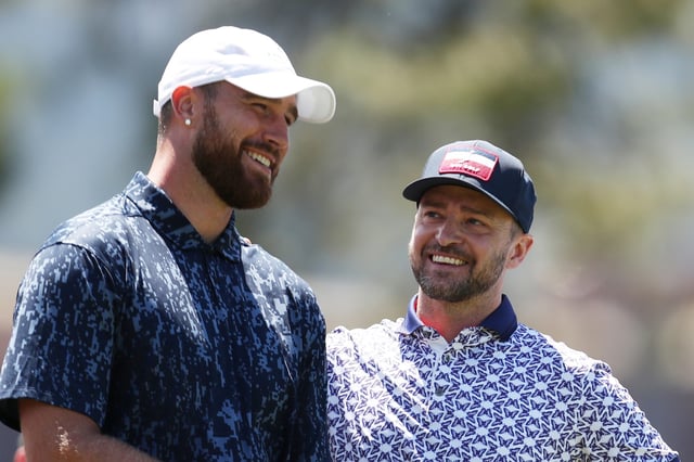 Travis Kelce and Justin Timberlake on the third hole during round one of the American Century Championship at Edgewood Tahoe South golf course on July 9, 2020 in South Lake Tahoe, Nev. 
