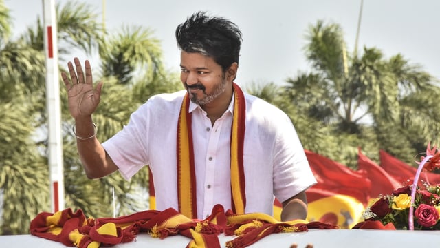 File photo of Tamilaga Vettri Kazhagam (TVK) chief and actor Vijay after TVK's second anniversary celebration function, in Mamallapuram, Tamil Nadu.