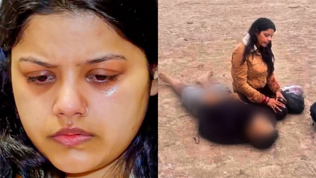 (Left) Pahalgam terror attack victim Lt Vinay Narwal's wife Himanshi during a blood donation camp organised on her husband's birth anniversary in Haryana's Karnal on Thursday; and Himanshi with the body of Vinay Narwal after the Pahalgam terror attack on April 22. 