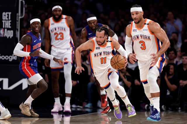 New York Knicks guard Jalen Brunson (11) brings the ball up-court in the first half during Game 5 in an NBA basketball first-round playoff series against the Detroit Pistons, Tuesday, April 29, 2025, in New York. (AP Photo/Adam Hunger)