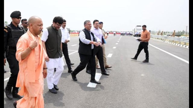 Chief minister Yogi Adityanath inspects the construction work of Ganga Expressway in Hardoi, Shahjahanpur and Hapur, on Sunday. (ANI Photo)