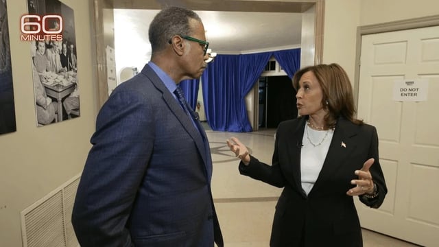 Bill Whitaker and Kamala Harris on "60 Minutes." (CBS News)