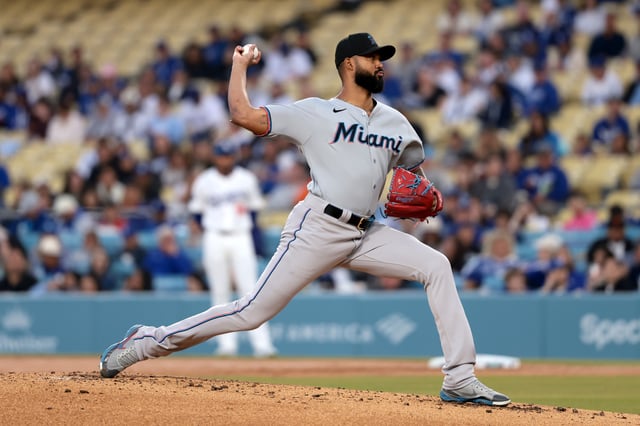 Sandy Alcantara #22 of the Miami Marlins throws a pitch during the first inning against the Los Angeles Dodgers at Dodger Stadium on April 29, 2025 in Los Angeles.