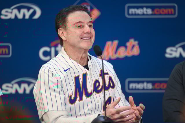 Apr 9, 2025; New York City, New York, USA; St. John’s mens basketball head coach Rick Pitino speaks at a press conference before a pregame ceremony honoring the team at a game between the New York Mets and the Miami Marlins at Citi Field. Mandatory Credit: John Jones-Imagn Images/File Photo