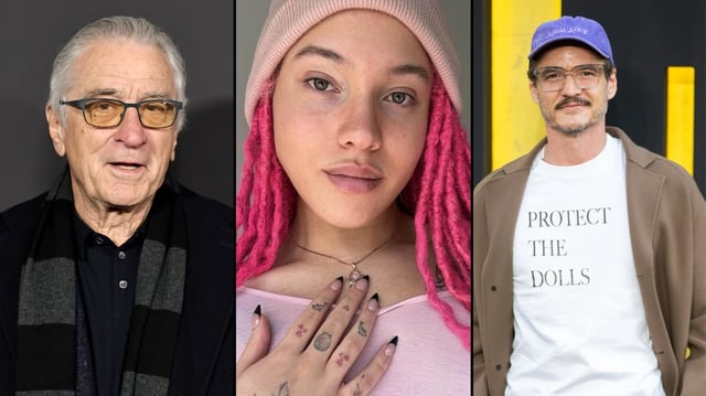 From left: Robert De Niro; his 29-year-old daughter Airyn; Pedro Pascal in a Protect the Dolls T-shirt