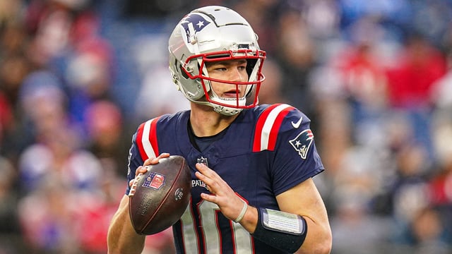 Dec 28, 2024; Foxborough, Massachusetts, USA; New England Patriots quarterback Drake Maye (10) looks to pass the ball against the Los Angeles Chargers in the second half at Gillette Stadium.