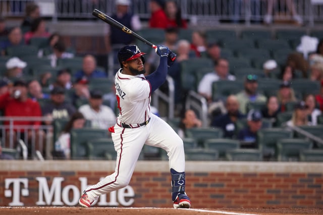 Apr 10, 2025; Atlanta, Georgia, USA; Atlanta Braves left fielder Bryan De La Cruz (14) hits a double against the Philadelphia Phillies in the second inning at Truist Park. Mandatory Credit: Brett Davis-Imagn Images/File Photo