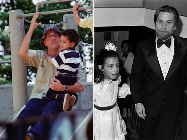 Rober De Niro with his twin sons Julian and Aaron in 2001 and with his adopted daughter Drena in 1977.