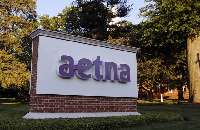 This Thursday, June 1, 2017, photo, shows a sign on the campus of the Aetna headquarters, in Hartford, Conn.