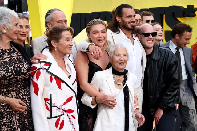 Florence Pugh and her grandmother Pat Mackin, along with friends and family, at the London premiere Marvel's 'Thunderbolts*' movie in April.