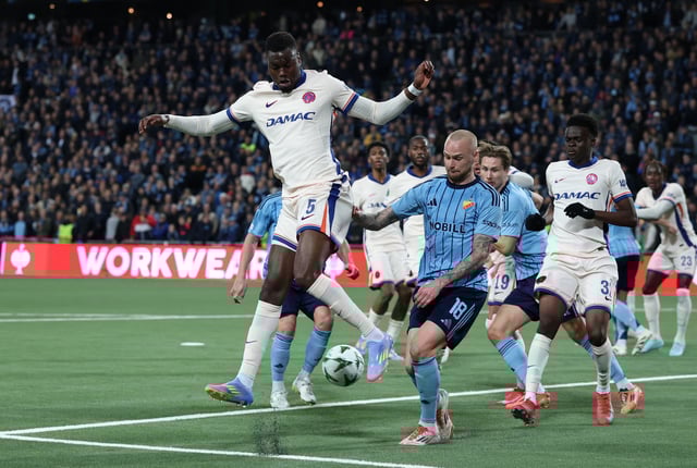 Soccer Football - Conference League - Semi Final - First Leg - Djurgarden v Chelsea - 3Arena, Stockholm, Sweden - May 1, 2025 Djurgarden's Adam Stahl  in action with Chelsea's Benoit Badiashile Action Images via Reuters/Paul Childs