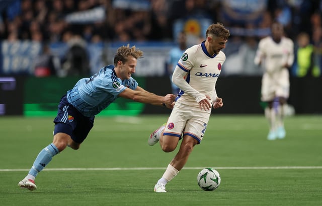 Soccer Football - Conference League - Semi Final - First Leg - Djurgarden v Chelsea - 3Arena, Stockholm, Sweden - May 1, 2025 Chelsea's Kiernan Dewsbury-Hall in action with Djurgarden's Daniel Stensson Action Images via Reuters/Paul Childs