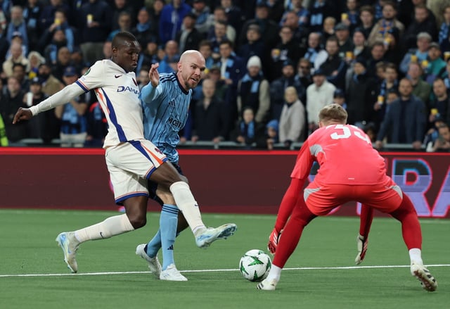 Soccer Football - Conference League - Semi Final - First Leg - Djurgarden v Chelsea - 3Arena, Stockholm, Sweden - May 1, 2025 Chelsea's Nicolas Jackson scores their third goal Action Images via Reuters/Paul Childs