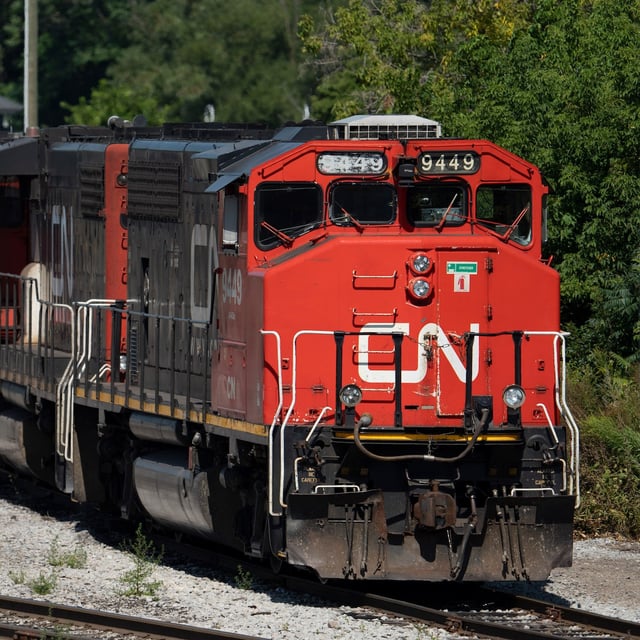 A CN locomotive sits idle at the CN Stuart Yard west of the West Harbour GO station in Hamilton, Ont., Thursday, Aug. 22, 2024. THE CANADIAN PRESS/Peter Power
