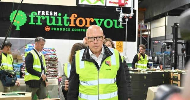 Opposition Leader Peter Dutton at a produce market in Adelaide. Picture AAP