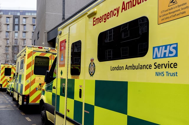 A view of NHS ambulances parked along a street, following the announcement of the re-balloting voted in the long-running dispute over pay and staffing,  in London, Britain, February 18, 2023. REUTERS/May James