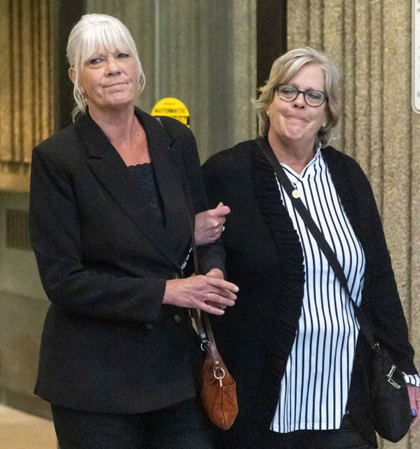  Michele Brown, left, the mother of Levi Brown, walks out of the London courthouse with her sister Samantha Parry after Cheyanne Metatawabin, charged with manslaughter in Levi Brown’s 2023 shooting death, pleaded guilty to a lesser charge in a London court on Thursday May 1, 2025. (Mike Hensen/The London Free Press)