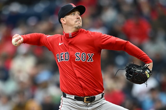 Apr 26, 2025; Cleveland, OH, USA; Boston Red Sox starting pitcher Walker Buehler (0) throws a pitch during the first inning against the Cleveland Guardians at Progressive Field. Mandatory Credit: Ken Blaze-Imagn Images/File Photo