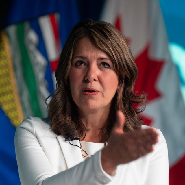 Alberta Premier Danielle Smith responds to a question following a speech at the Canada Strong and Free Network national conference on Thursday, April 10, 2025 in Ottawa.  THE CANADIAN PRESS/Adrian Wyld
