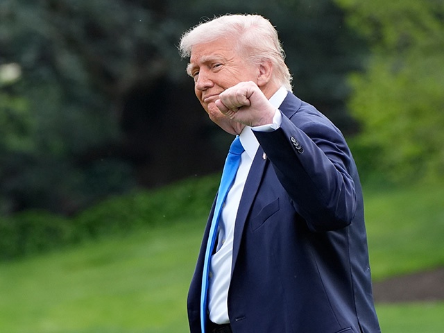 President Donald Trump gestures as he walks from the Oval Office to depart on Marine One from the South Lawn of the White House, Thursday, May 1, 2025, in Washington. (AP Photo/Alex Brandon)