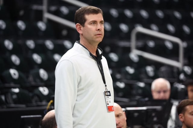 Celtics executive Brad Stevens watches warm ups as Celtics take on Magic in game 5 of the first round playoffs on April 29. (Staff Photo By Stuart Cahill/Boston Herald)
