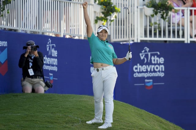 Haeran Ryu, of South Korea, celebrates her shot on the 18th green during a playoff round of the Chevron Championship LPGA golf tournament Sunday, April 27, 2025, in The Woodlands, Texas. (AP Photo/Ashley Landis)