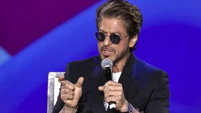Bollywood actor Shah Rukh Khan speaks during a session titled The Journey: From Outsider to Ruler at the World Audio Visual and Entertainment Summit (WAVES) 2025, in Mumbai, Thursday, May 1, 2025. (PTI Photo)
