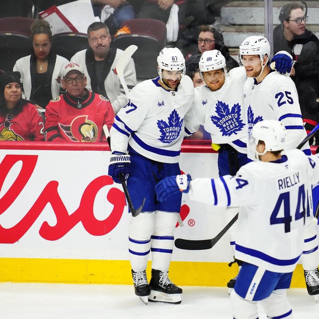 Toronto Maple Leafs' William Nylander (back centre) celebrates his goal against the Ottawa Senators with Max Pacioretty, left, Brandon Carlo, right, and Morgan Rielly during second period NHL playoff hockey action in Ottawa on Thursday, May 1, 2025. THE CANADIAN PRESS/Sean Kilpatrick