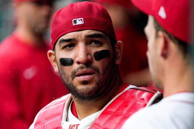 May 1, 2025; Cincinnati, Ohio, USA; Cincinnati Reds catcher Jose Trevino (35) walks through the dugout in the seventh inning of the MLB National League game between the Cincinnati Reds and the St. Louis Cardinals at Great American Ball Park in downtown Cincinnati on Thursday, May 1, 2025. The Reds won 9-1. Mandatory Credit: Sam Greene-USA TODAY Network via Imagn Images