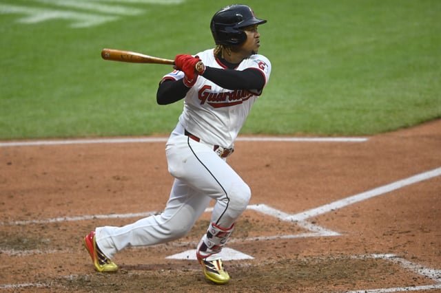 Apr 30, 2025; Cleveland, Ohio, USA; Cleveland Guardians third baseman Jose Ramirez (11) singles in the seventh inning against the Minnesota Twins at Progressive Field. Mandatory Credit: David Richard-Imagn Images/File Photo