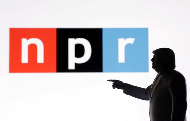 A 3D-printed miniature model of U.S. President Donald Trump with the National Public Radio (NPR) logo in the background is seen in this illustration taken April 23, 2025. REUTERS/Dado Ruvic/Illustration/File Photo