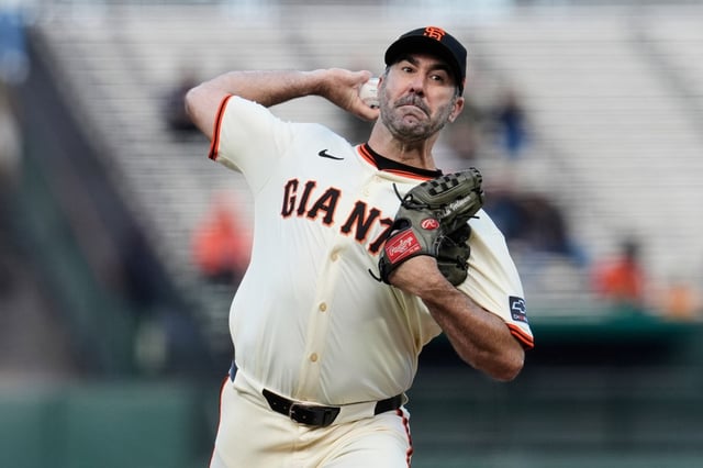 San Francisco Giants pitcher Justin Verlander throws to a Colorado Rockies batter during the first inning of a baseball game Thursday, May 1, 2025, in San Francisco. (AP Photo/Godofredo A. Vásquez)