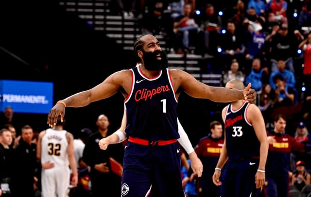 Clippers guard James Harden urges the crowd on during the second half of Game 6 of their first-round playoff series against the Denver Nuggets on Thursday night at the Intuit Dome in Inglewood. Harden scored a team-best 28 points in a 111-105 win that forces a winner-take-all Game 7 on Saturday in Denver. (Photo by Keith Birmingham, Orange County Register/SCNG)