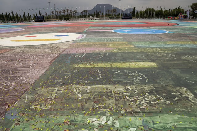 An Ariel view of the canvas painting by Kanyeyachukwu Tagbo-Okeke, a 15-year-old autistic artist who won the Guinness World Record for the largest art canvas, on display at the Eagle Square on World Autism Day in Abuja, Nigeria, Wednesday, April 2, 2025. (AP Photo/David Durowaiye)