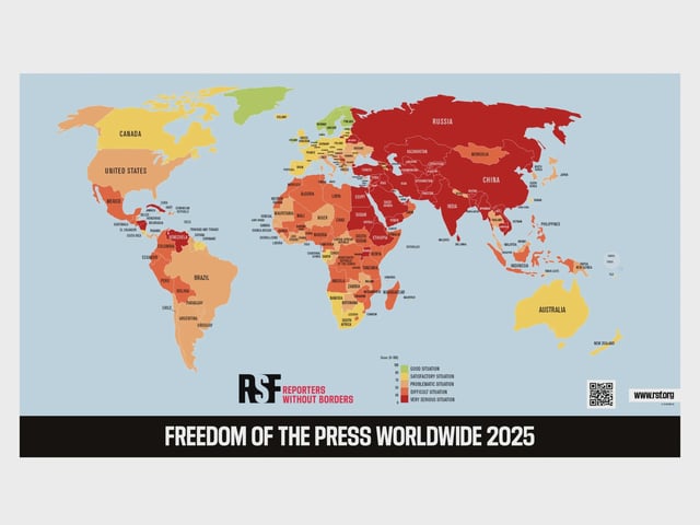 The Reporters Without Borders World Press Freedom Index map for 2025. It's a lot of red and orange, with a smattering of green in northern Europe. Picture: RSF