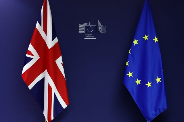 British and EU flags hang on the day of the meeting of British Prime Minister Keir Starmer with European Commission President Ursula von der Leyen, in Brussels, Belgium October 2, 2024. REUTERS/Yves Herman