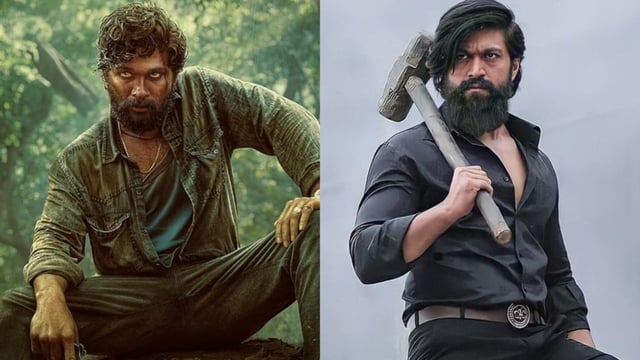 Allu Arjun and Yash in stills from their highly popular Pushpa and KGF films.
