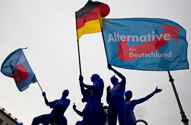 Supporters of the Eurosceptic Alternative for Germany (AfD) party wear morph suits and wave flags during an event to rally support for Sunday's European Parliament elections at the Brandenburg Gate in Berlin May 23, 2014.  REUTERS/Thomas Peter/File Photo