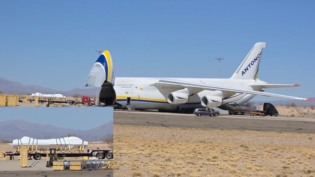 Spotted in Tucson, Arizona, an international cargo transporter with Ukrainian flags carrying F-16 airframes.
