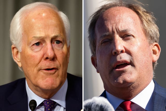 Senator John Cornyn during a committee hearing at the Dirksen Senate Office Building on January 15, 2025 in Washington, DC. (left) and Texas Attorney General Ken Paxton speaks outside the U.S. Supreme Court on November 01, 2021 in Washington, DC (right).