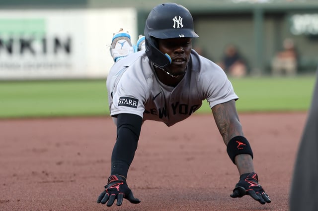 Apr 29, 2025; Baltimore, Maryland, USA; New York Yankees second baseman Jazz Chisholm Jr. (13) advances to third base during the first inning against the Baltimore Orioles at Oriole Park at Camden Yards. Daniel Kucin Jr.-Imagn Images/ File Photo