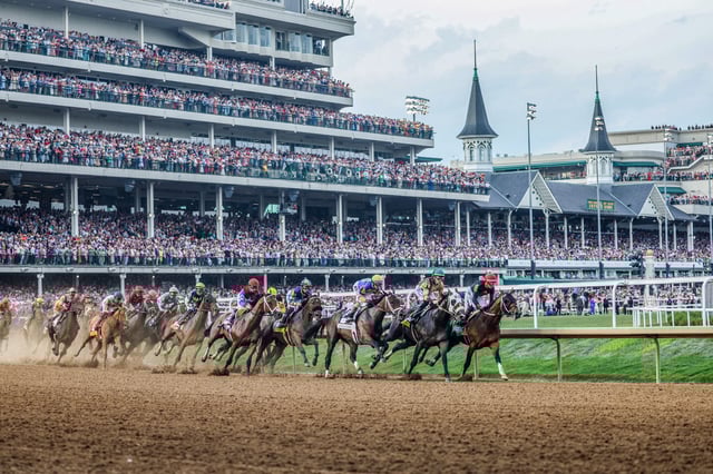Jockeys compete in the 150th running of the Kentucky Derby at Churchill Downs on May 4, 2024 in Louisville, Ky.