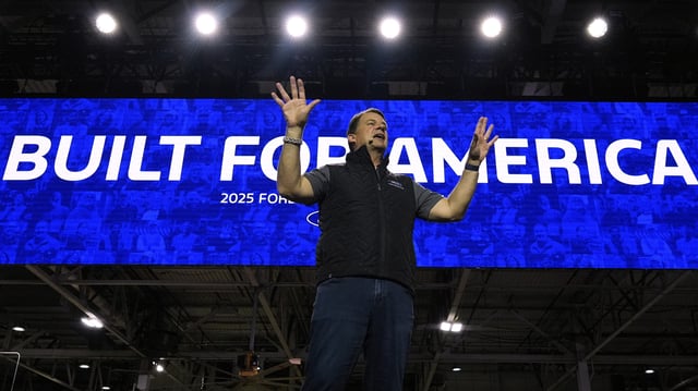 Jim Farley, President and Chief Executive Officer of Ford, speaks at the Ford Motor Company Kentucky Truck Plant to launch the 2025 Ford Expedition, Wednesday, April 30, 2025, in Louisville, Ky.