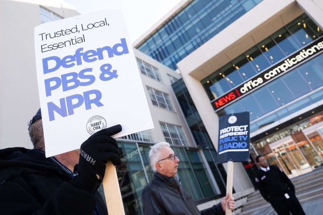 People participate in a rally to call on Congress to protect funding for U.S. public broadcasters, Public Broadcasting Service (PBS) and National Public Radio (NPR), outside the NPR headquarters in Washington, D.C., on March 26, 2025.