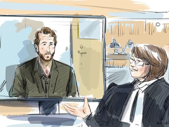 Crown Meaghan Cunningham, right, and Taylor Raddysh, depicted in video conference, are seen in a courtroom sketch in London, Ont., Wednesday, April 30, 2025. Raddysh, who currently plays in the National Hockey League, was a member of the 2018 Canadian national junior hockey team.