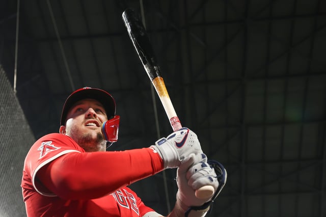 SEATTLE, WASHINGTON - APRIL 29: Mike Trout #27 of the Los Angeles Angels looks on before the game against the Seattle Mariners at T-Mobile Park on April 29, 2025 in Seattle, Washington.