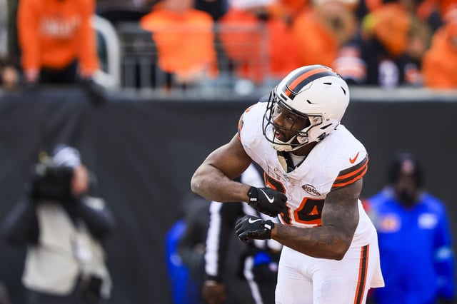 Dec 22, 2024; Cincinnati, Ohio, USA; Cleveland Browns running back Jerome Ford (34) reacts after scoring a touchdown against the Cincinnati Bengals in the second half at Paycor Stadium. Mandatory Credit: Katie Stratman-Imagn Images/File Photo