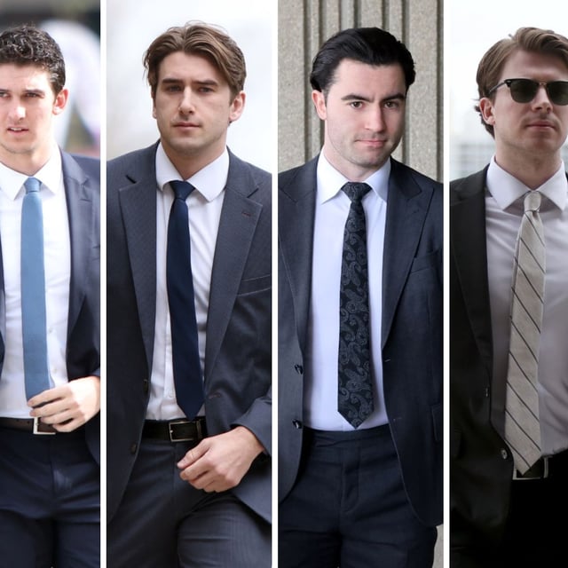 A composite image of five photographs show former members of Canada's 2018 World Juniors hockey team, left to right, Alex Formenton, Cal Foote, Michael McLeod, Dillon Dube and Carter Hart as they individually arrived to court in London, Ont., Wednesday, April 30, 2025. THE CANADIAN PRESS/Nicole Osborne