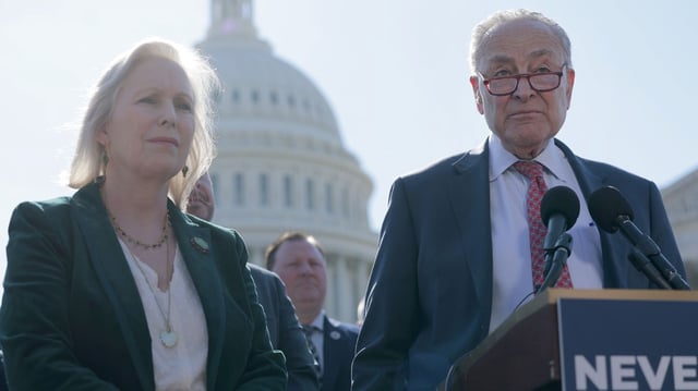 Sens. Kirsten Gillibrand and Chuck Schumer at a news conference outside the U.S. Capitol in February. Photo: Anna Moneymaker/Getty Images